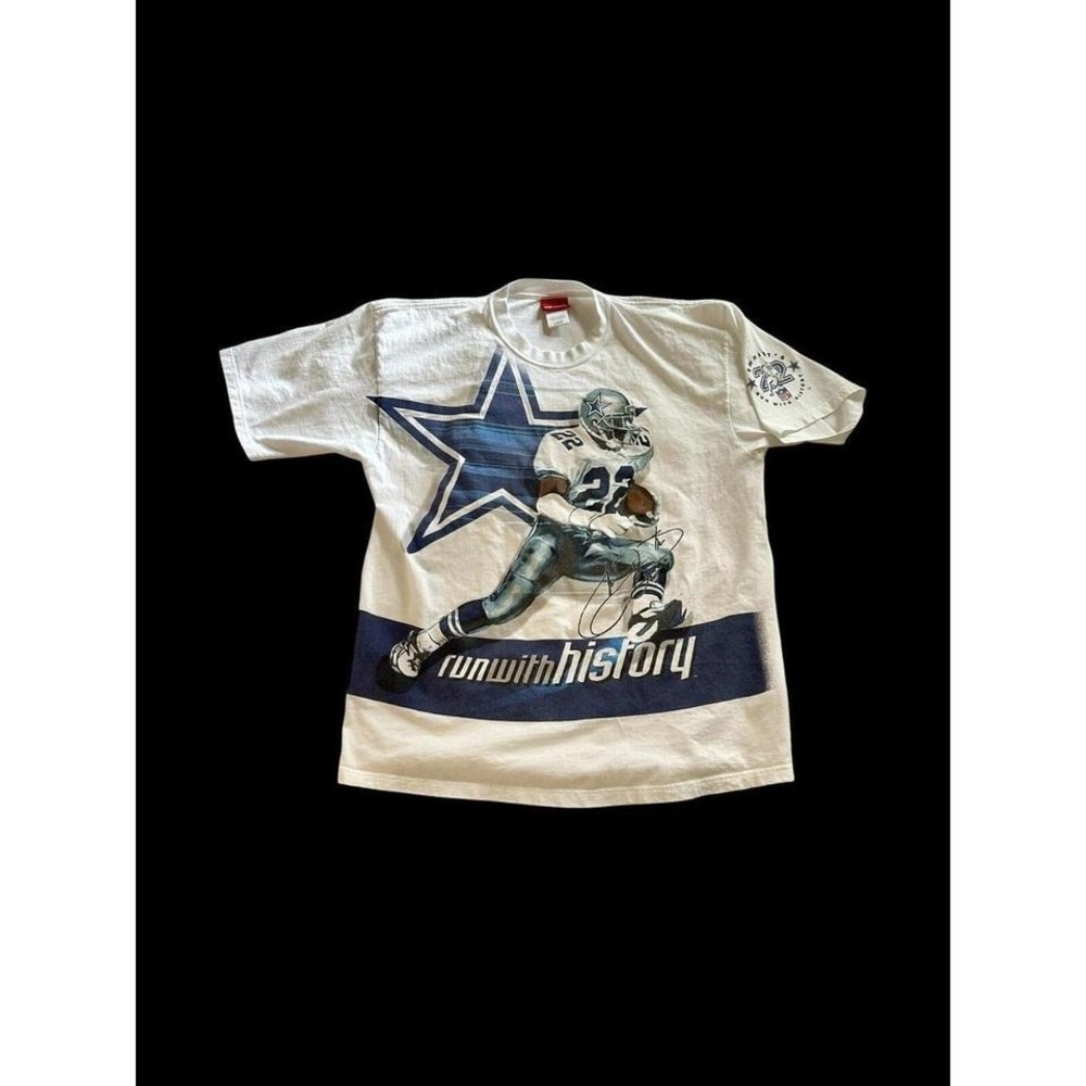 Vintage AOP Emmitt Smith Reebok Dallas Cowboys RUN‎ WITH HISTORY T Shirt Large